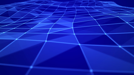 Abstract digital background. Space filled with polygons and dots. 3D wave.