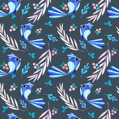 Seamless pattern with watercolor blue birds, colorful autumn design. Watercolor illustration in Scandinavian style for t-shirts, fabrics, stickers, packaging paper	