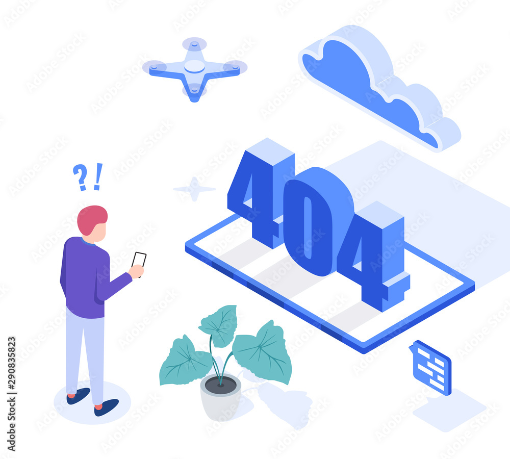 Poster concept 404 error page or file not found. web banner, infographics. isometric vector illustration.
