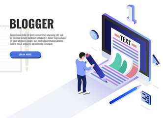 Blogging concept. User holds the pen with both hands and writes. Web banner, infographics. Isometric vector illustration.