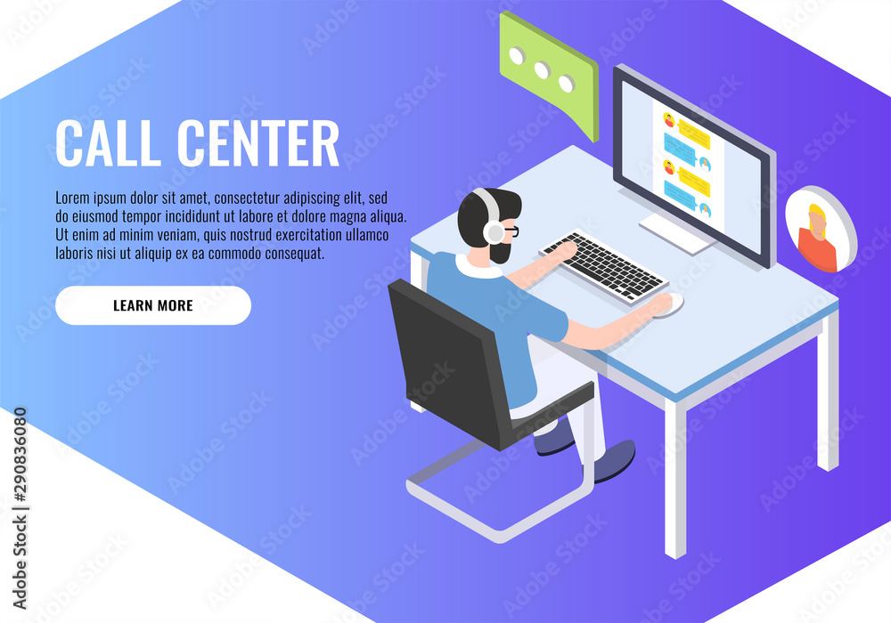 Poster concept of call center. technical support or dispatcher call center. male operator on call center. i