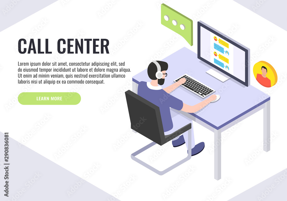 Aufkleber concept of call center. technical support or dispatcher call center. male operator on call center. i