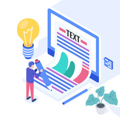 Blogging concept. User holds the pen with both hands and writes. Web banner, infographics. Isometric vector illustration.