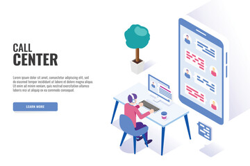 Concept of call center.  Technical support or dispatcher call center. Male operator on call center. Isometric vector illustration.