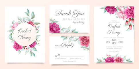 Elegant floral wedding invitation card template set with red roses flowers and leaves decoration. Botanical card background