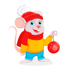 Funny cartoon mouse holds Christmas tree ball