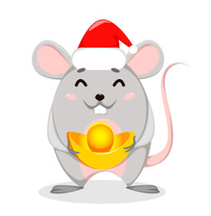 Funny cartoon rat in Santa Claus hat.