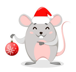 Funny cartoon rat holds Christmas tree ball