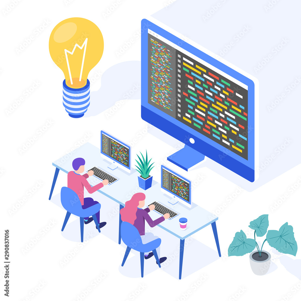 Poster development concept. team working on desktop computers. web banner, infographics. isometric vector i
