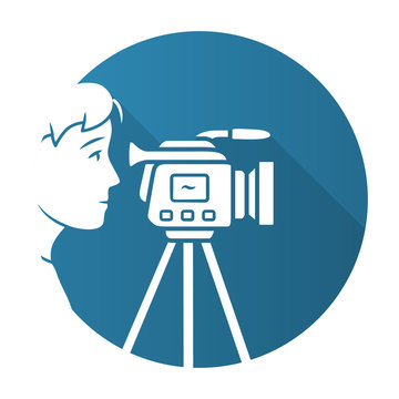 recommend clip art: Cameraman blue flat design long shadow glyph icon. Videorecording, filming. Videographer, operator with camera. Video journalist, reporter. Filmmaking industry. Vector silhouette illustration