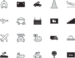 transport vector icon set such as: plastic, building, weigh, fuel, airship, mine, engineering, driver, post, view, packaging, water, van, treasure, scale, escalator, basket, style, barrier, briefcase