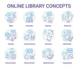 Online library gradient blue concept icons set. Book catalogue idea thin line illustrations. Fantasy, biographies, medical, history, plays, romance & mystery types. Vector isolated outline drawings