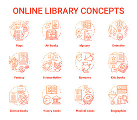 Online library red concept icons set. Book catalogue idea thin line illustrations. Fantasy, biographies, medical, history, plays, romance & mystery types. Vector isolated outline drawings