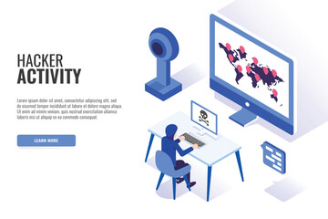 Hacker attack concept. Web banner, infographics. Isometric vector illustration.