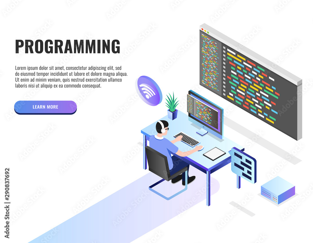 Poster programming concept, web engineer at work. web banner, infographics. isometric vector illustration.