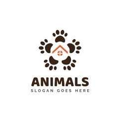 Pet shop clinic home care logo design with roof house and dog or cat footprints