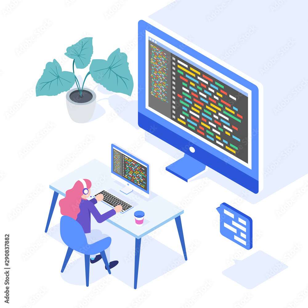 Poster programming concept, web engineer at work. woman working on desktop computer. web banner, infographi
