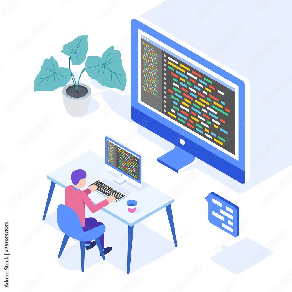 Poster programming concept, web engineer at work. man working on desktop computer. web banner, infographics