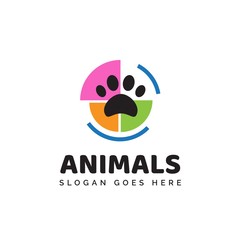 Pet shop clinic home care logo design with colorful circle puzzle and dog or cat footprints