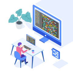 Programming concept, web engineer at work. Man working on desktop computer. Web banner, infographics. Isometric vector illustration.