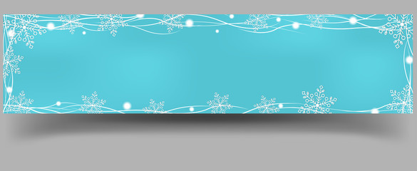 Winter banner with white snowflakes, bokeh and elements on blue gradient background. Christmas template for banner, ticket, leaflet, card, invitation, poster.