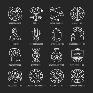 Physics branches chalk icons set. Physical processes and phenomenons. Classical, modern and quantum physics. Acoustics, electromagnetism, thermodynamics. Isolated vector chalkboard illustrations