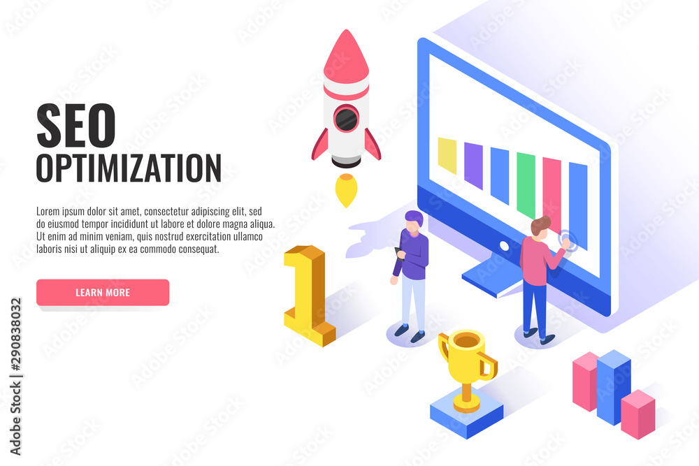 Poster concept of seo optimization. users work near the computer. web banner, infographics. isometric vecto