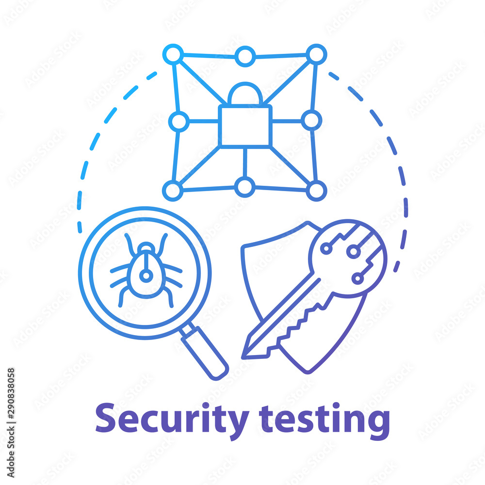 Poster security testing concept icon. safety audit. key reliability and antivirus defence. intrusion data p