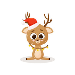 Christmas deer with a garland in the hands. Red hat of Santa Claus. Vector illustration. Cute cartoon deer. Isolated on white background