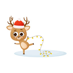 Christmas deer. Red hat of Santa Claus. Vector illustration. Cute cartoon deer. Isolated on white background
