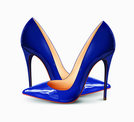 Pair of blue female pumps on a white background, sexy shoes, classic. High-heeled shoes, blue patent leather shoes. 3D effect. Vector illustration. EPS10
