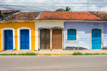Igarassu, Brazil - Circa August 2019: Colorful houses in the historic center of Igarassu