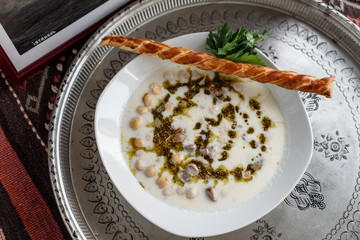 Turkish traditional hot yoghurt soup, Yuvalama Corbasi.