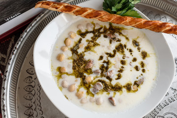 Turkish traditional hot yoghurt soup, Yuvalama Corbasi.