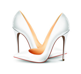 Pair of white female pumps on a white background, sexy shoes, wedding day, classic. High-heeled shoes, white patent leather shoes. 3D effect. Vector illustration. EPS10