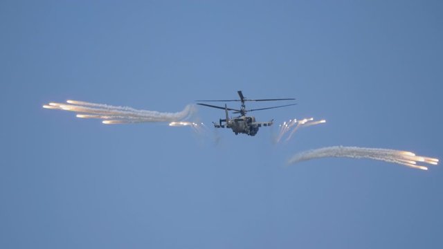 Demonstration of the Kamov Ka-52 Alligator attack helicopter of the Russian Air Force at MAKS-2019, Russia.