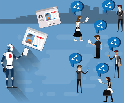 Flat design concept of fake news,Robot was making fake news on social media,People reads and share the fake news,Online technology,vector illustration