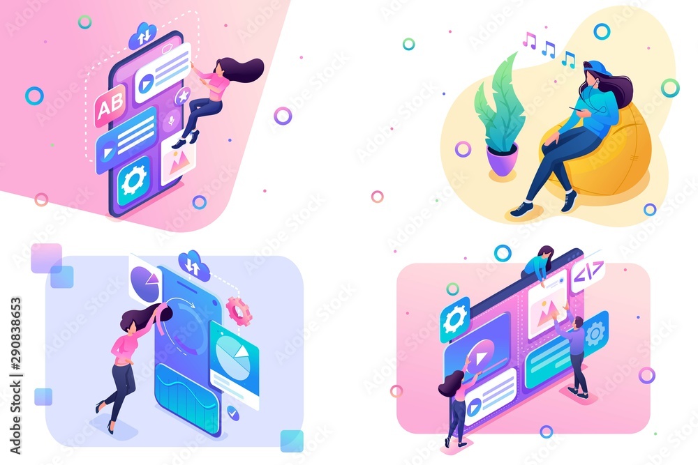 Poster set of isometric concepts menu setting, web design, listen to music, data analysis. for concept for 