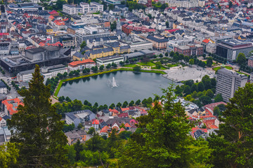 Bergen, Norway - july 18 2019: tourist look at the Scandinavian city of Bergen on a summer day