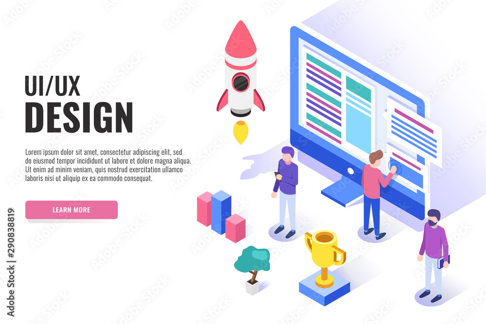 Poster ui / ux design concept. users work near the computer. web banner, infographics. isometric vector ill