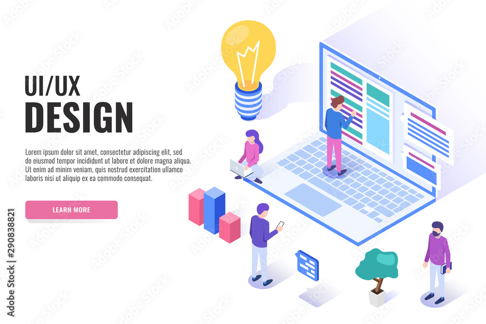 Poster ui / ux design concept. users work near the laptop. web banner, infographics. isometric vector illus