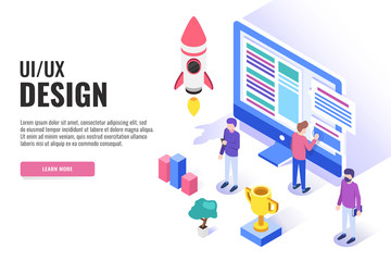 UI / UX Design concept. Users work near the computer. Web banner, infographics. Isometric vector illustration.