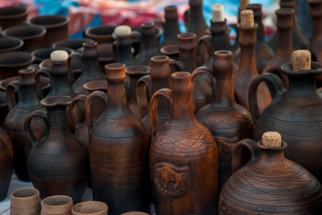 Fototapeta na wymiar Clay ceramic handmade jars background