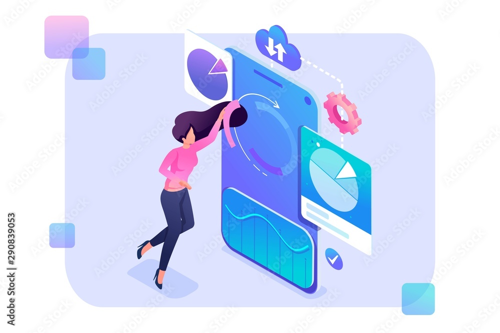 Poster young girl adjusts charts and graphs on your smartphone. data analysis concept. 3d isometric. concep