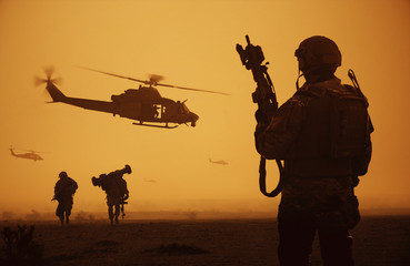 The war is over and military troops, machines and helicopters on the way to return home