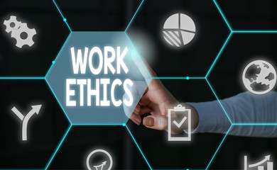 Word writing text Work Ethics. Business photo showcasing A set of values centered on the importance of doing work Male human wear formal work suit presenting presentation using smart device