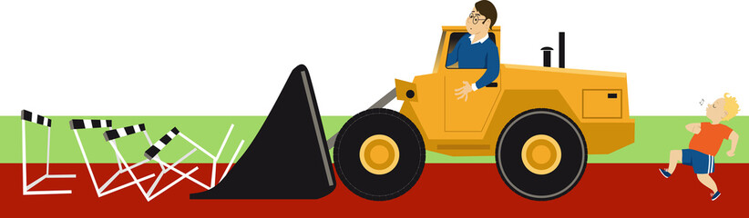 Bulldozer parent removing obstacles before his overprotected child, EPS 8 vector illustration © aleutie