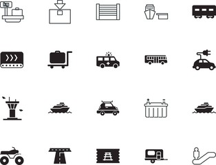 transport vector icon set such as: vessel, portable, battery, harbor, trailer, modern, assembly, commercial, atv, aviation, cart, access, template, customs, trolley, asphalt, bike, locomotive