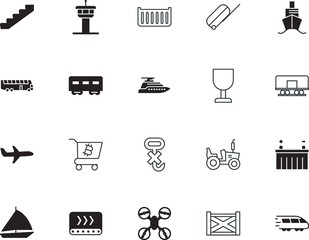 transport vector icon set such as: success, cartoon, currency, warehouse, camera, hook, paper, diplomat, cruiser, construction, steps, bonus, copter, green, trolley, breakable, home, stairway