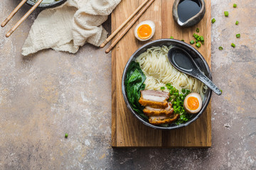 Tonkotsu ramen soup or pork bone, flat lay copy space